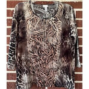 Chico’s Velour Feeling Embellished Multi-Patterned Blouse 3/4 Sleeves Size 0 (S)